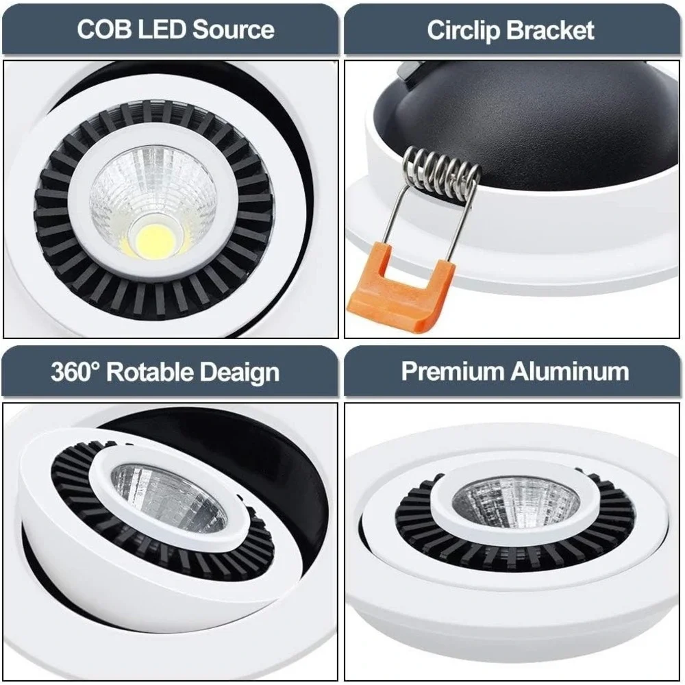 3.5 Inch Eyeball Gimbal LED Recessed Lighting Dimmable Downlight, 7W (70W Hal...